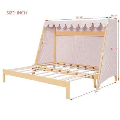 JIVOIT Twin XL Bed with Twin XL Trundle, Storage Shelf, Space-Saving Extendable Platform Bed with Pink Plaid Tent for Double, No Box Spring Required (Natural,22)