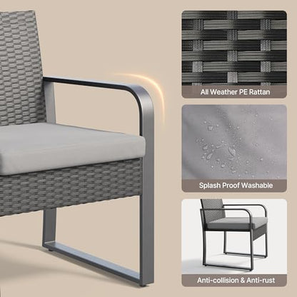 3 Piece Patio Bistro Set, Outdoor Black Wicker Furniture Sets, Modern Rattan Chair Conversation Sets with Coffee Table, for Yard, Garden, Balcony, Poolside, Cushion-Grey