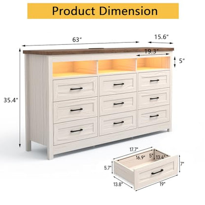 Farmhouse 9 Drawer Dresser with LED Lights, view 3