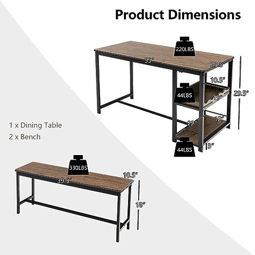 Dining Table Set for 4, 3-Piece 55" L Kitchen Table Set w/ 2 Benches, Breakfast Table w/ 5-Bottle Wine Rack & Glass Holder, Space-Saving Dinette Set for Dining Room, Kitchen, Apartment