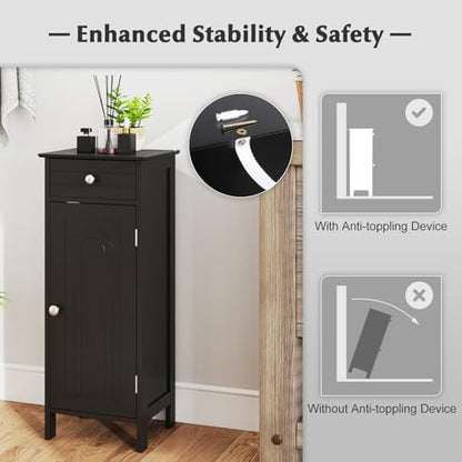 Bathroom Floor Cabinet, Free-Standing Single Door Storage Cabinet with Drawer & 2 Adjustable Shelves, Wooden 14”L Narrow Side Storage Organizer for Small Spaces, Living Room, Kitchen (Black)