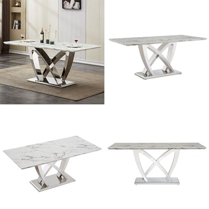 Marble Dining Table for 6 People, 70'' Rectangle Faux Marble Dining Table with Mirrored Stainless Steel Base, Large Size Marble Kitchen Table (Silver,White)(only Table)
