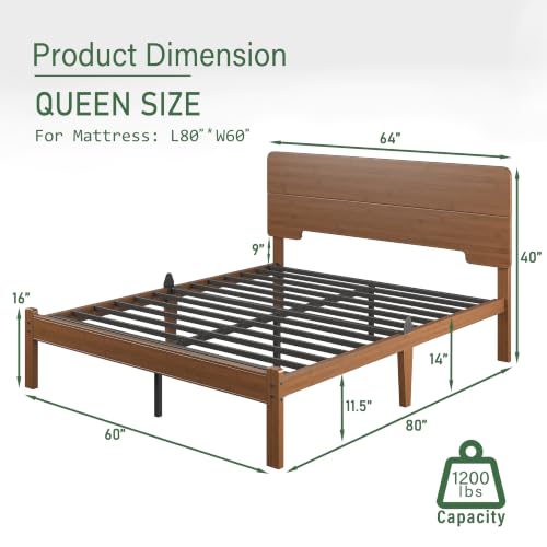 14" Queen Size Bamboo Wood Platform Bed Frame with Headboard, Brown, view 3