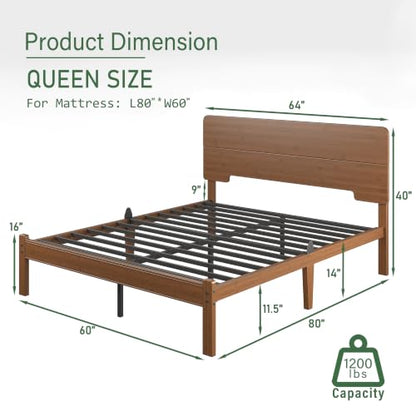 14" Queen Size Bamboo Wood Platform Bed Frame with Headboard, Brown, view 3