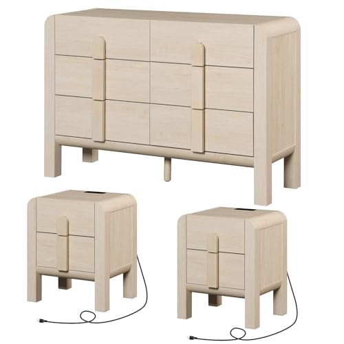 3 Piece Dresser and Nightstand Sets for Bedroom, 47.2" W Modern 6 Drawer Dresser & 23.7” Tall Nightstand Set of 2 with Charging Station for Bedroom, Curved Profile Design, Beige