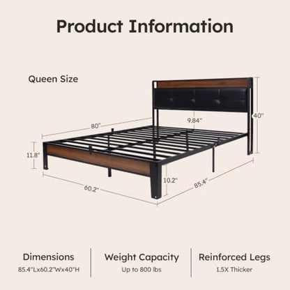 Queen Size Bed Frame with Wooden Storage Headboard & Charging Station, view 3