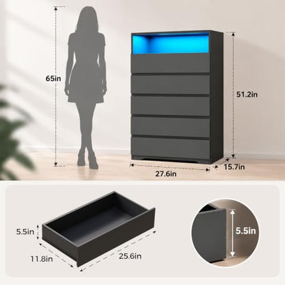 Black Tall 5 Drawer Dresser for Bedroom with LED Light, view 4