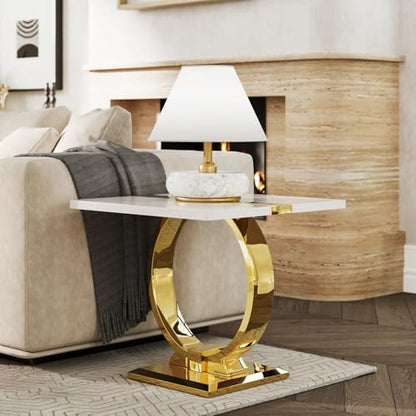 White and gold square end table with polished metal U-base, view 2