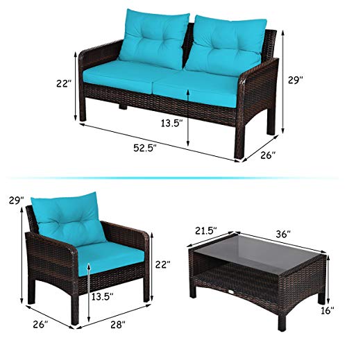 4 Piece Patio Furniture Set, Outdoor Wicker Conversation Set with Glass Top Coffee Table, All Weather Proof and Thick Cushions, Suitable for Porch, Garden, Poolside and Lawn (Turquoise)