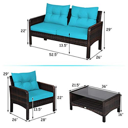 4 Piece Patio Furniture Set, Outdoor Wicker Conversation Set with Glass Top Coffee Table, All Weather Proof and Thick Cushions, Suitable for Porch, Garden, Poolside and Lawn (Turquoise)