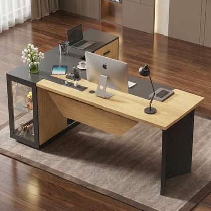 74.4" L-Shaped Executive Desk, Large Office Desk, Black + Light Wood, view 4