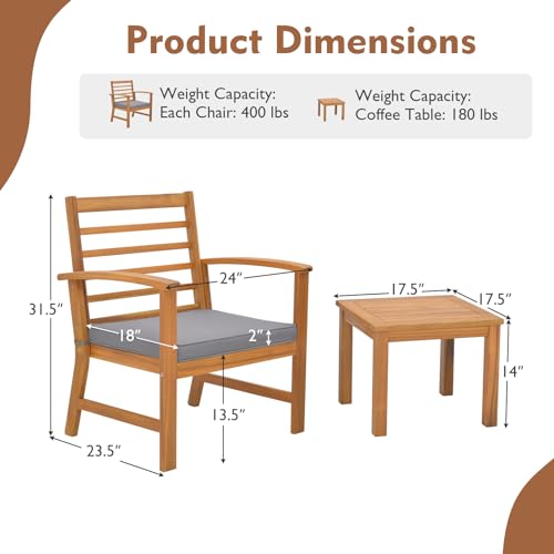 3 Pieces Outdoor Furniture Set, Acacia Wood Conversation Set with Soft Seat Cushions, Stable Acacia Wood Frame, Patio Sofa & Coffee Table Set for Backyard, Porch, Poolside (Grey)