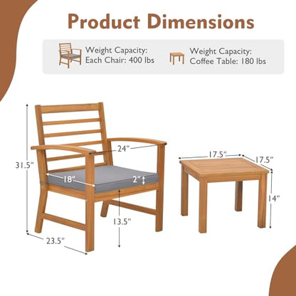 3 Pieces Outdoor Furniture Set, Acacia Wood Conversation Set with Soft Seat Cushions, Stable Acacia Wood Frame, Patio Sofa & Coffee Table Set for Backyard, Porch, Poolside (Grey)