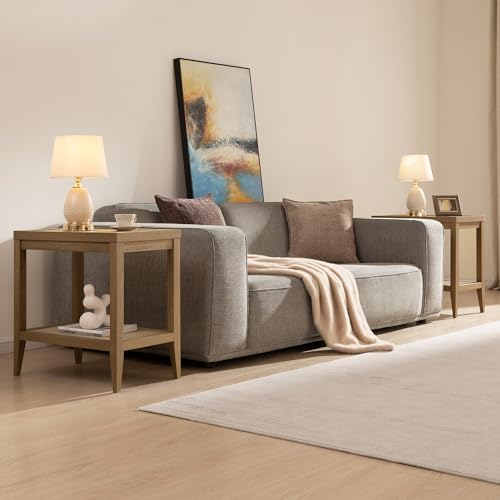 Rattan Nightstands Set of 2 Bedside Table - Boho Narrow End Table Living Room Set of 2 Side Table with Storage Shelves for Small Space - Natural Oak