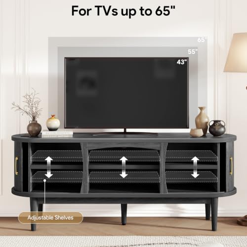 58" Fluted TV Stand, Mid Century Modern Entertainment Center, Black, view 7