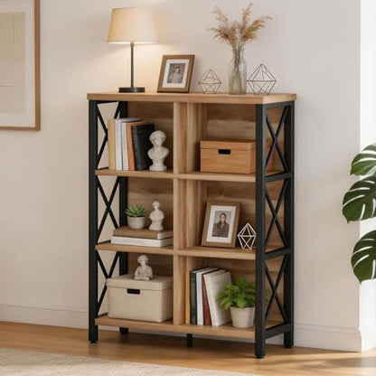 Bookcase, 6 Cube Storage Organizer Shelf, Wood and Metal Cubby Book Shelf, Industrial 4 Tier Cube Bookshelf (Rustic Oak)