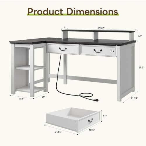 55" Farmhouse Writing Desk with Monitor Stand&Wood Drawers, view 3
