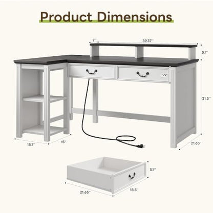 55" Farmhouse Writing Desk with Monitor Stand&Wood Drawers, view 3