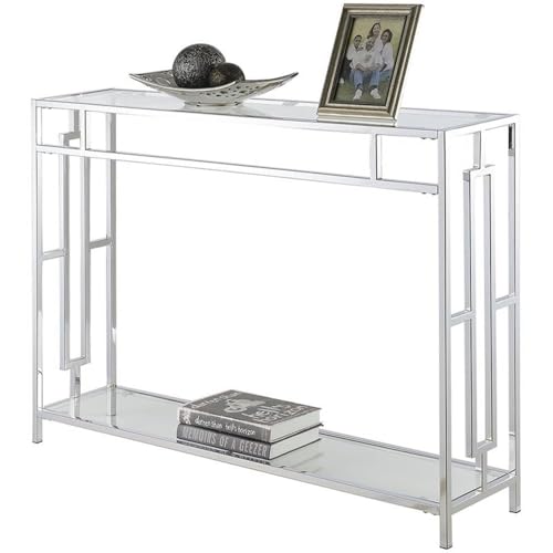 Town Square Chrome Console Table 42" - Contemporary Modern Sofa Table with Storage Shelf, Narrow Entryway Hall Table for Living Room, Bedroom, Bathroom, Glass/Chrome
