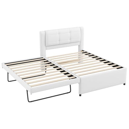 JIVOIT Twin Size Upholstery Platform Bed, Pull-Out Trundle, Upholstery Headboard (Beige-90-Twin)
