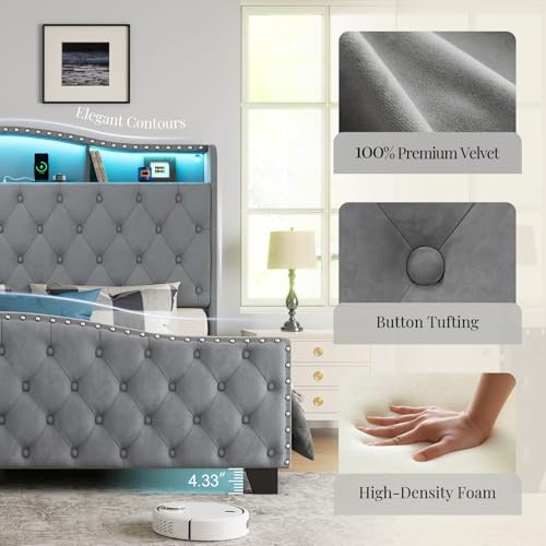 Platform Bed Frame with 50.9" LED Headboard, King Grey, view 7