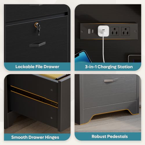 59” Office Desk with Lockable Drawers & Charging Station, Black, view 6