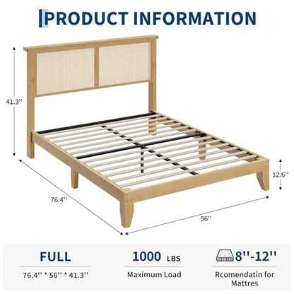 GAOMON Full Size Wood Bed Frame with LED Light and Rattan Headboard, view 3