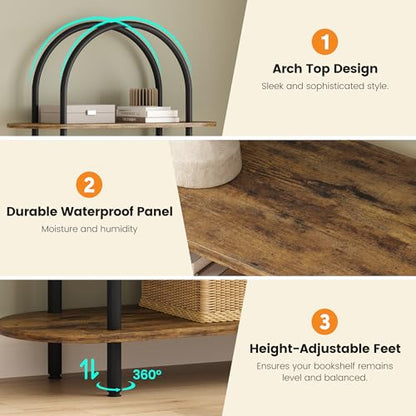 71" Arched Bookshelf 5 Tier Bookcase Open Bookshelf with Metal Frame Plant Stand Freestanding Display Rack Tall Shelving for Bedroom Living Room Home Office Bathroom Black + Retro Color