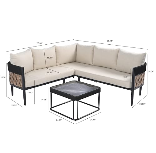 SAFAVIEH Outdoor Patio Furniture Collection - Harrison 3-Piece Corner Sofa Set with Table, Black & Taupe, Modern Sectional Design (PAT7744A)