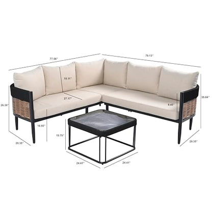 SAFAVIEH Outdoor Patio Furniture Collection - Harrison 3-Piece Corner Sofa Set with Table, Black & Taupe, Modern Sectional Design (PAT7744A)