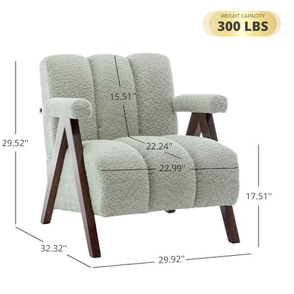 Mid Century Modern Accent Chair with Solid Wood Frame, Boucle Upholstered Living Room Chairs with Thick Cushion, Comfy Tufted Arm Chair for Bedroom, Sage