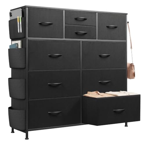 10 Drawer Black Fabric Dresser for Bedroom, Side Pocket & Hooks Chest, view 2