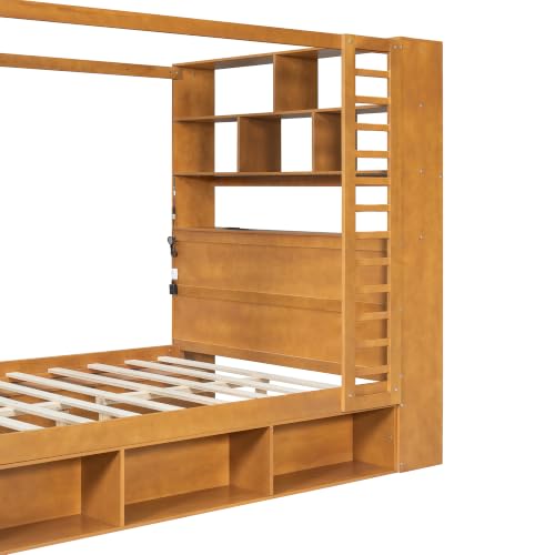LUMISOL Full Size Canopy Bed with Storage Drawer & LED Bookcase, Walnut, view 6