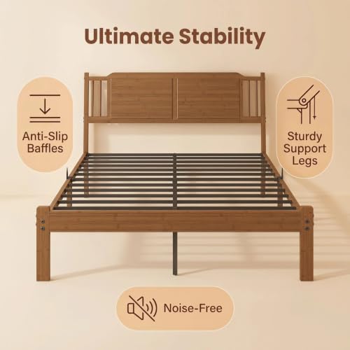 Bamboo Full Bed Frame with Farmhouse Headboard, Warm Brown Color, view 6