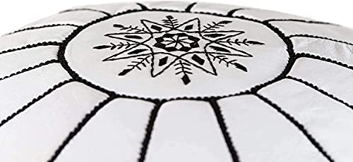 Premium Moroccan Leather Pouf Cover - Round & Large Ottoman Footstool Cover with Embroidery - Cover ONLY - Perfect for The Living Room Bedroom, Kids Room, Gift & Wedding (White By Black)