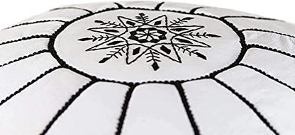 Premium Moroccan Leather Pouf Cover - Round & Large Ottoman Footstool Cover with Embroidery - Cover ONLY - Perfect for The Living Room Bedroom, Kids Room, Gift & Wedding (White By Black)