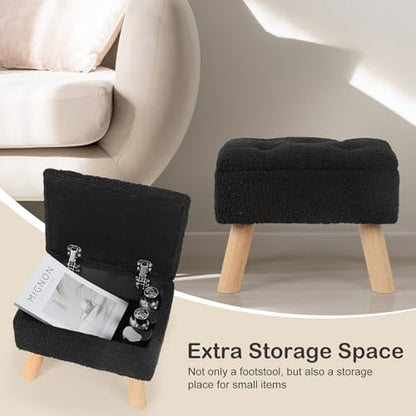 Storage Ottoman, Small Foot Stool Ottoman with Storage, Boucle Teddy Velvet Foot Rest with Padded Seat, Sturdy Wood Legs Stool for Living Room, Bedroom, Couch, Enterway (Black)
