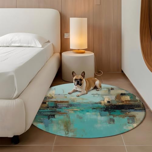Round Area Rug 6 Ft, Modern Abstract Washable Non-Slip Circle Carpet for Living Room/Bedroom, Country Color Blocks Teal Brown Low-Profile Indoor Mats Collection Rugs for Residential