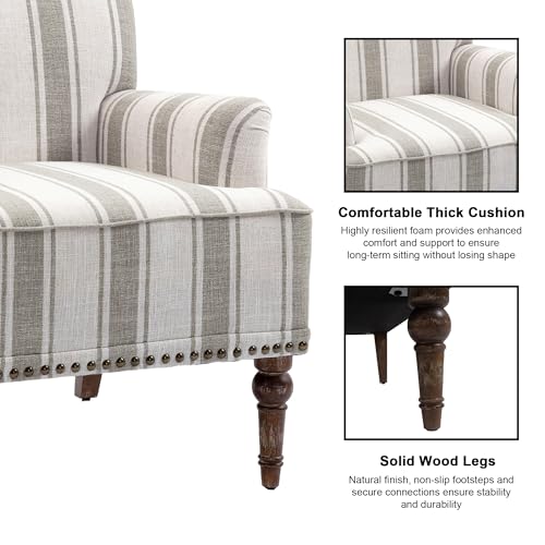 Accent Chair, Mid Century Modern Comfy Armchair for Living Room, Linen Fabric Single Sofa Lounge for Reading Bedroom Apartment Waiting Room with Wood Legs (Brown Stripe, Set of 1)