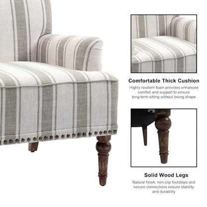 Accent Chair, Mid Century Modern Comfy Armchair for Living Room, Linen Fabric Single Sofa Lounge for Reading Bedroom Apartment Waiting Room with Wood Legs (Brown Stripe, Set of 1)