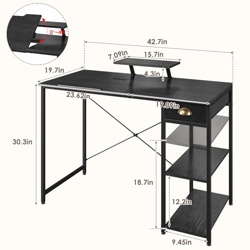 X-cosrack Drafting Table with Storage Shelves & Drawer, 43" Adjustable Art Desk with Monitor Stand for Home Office Computer, Tiltable Draft Drawing Table for Artist, Study, Writing Workstation, Black