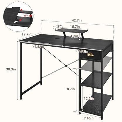 X-cosrack Drafting Table with Storage Shelves & Drawer, 43" Adjustable Art Desk with Monitor Stand for Home Office Computer, Tiltable Draft Drawing Table for Artist, Study, Writing Workstation, Black