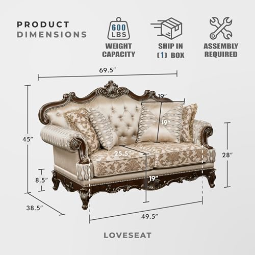 Traditional Sofa Couch for Living Room, Rolled Arm Sofa with 4 Accent Pillows, Tufting, Queen Legs in Cherry Finish with Gold Tipping, Upholstered Living Room Furniture, 2 Seater Couch, Brown