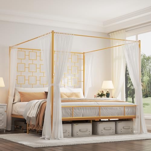 King Canopy Bed Frame, Gold Metal Bed, No Box Spring Needed, view 2