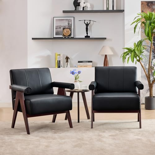 Black Leather Accent Chairs Set of 2, Mid Century Modern Accent Chair, Side Arm Chairs for Living Room, Office Guest Waiting Room Chairs (2, Black)