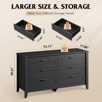 Black Dresser 6 Drawers for Bedroom, Wood Dresser TV Stand for 55" TV, view 4