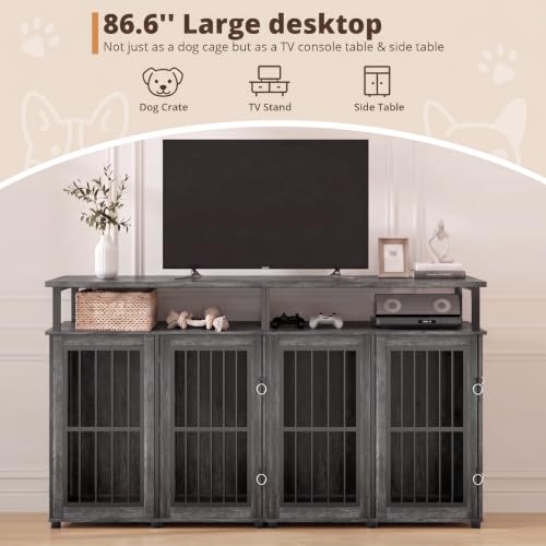 87" Double Dog Crate Furniture with Removable Divider, Grey, view 8