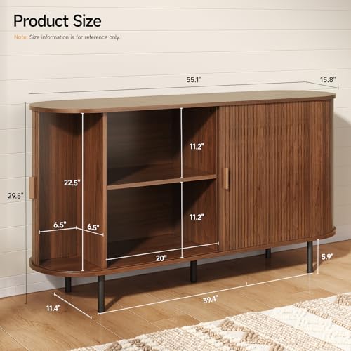 55" Sideboard Buffet Cabinet with Storage, Sliding Door & Adjustable Shelf, Modern Accent Coffee Bar Console Table for Kitchen, Entryway, Walnut