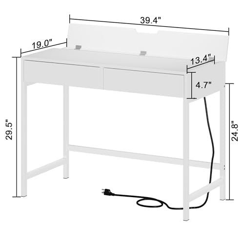 Computer Desk with USB Charging Ports and Power Outlets, Modern Simple 40 inch White Desk with 2 Drawers, Vanity Desk, Makeup Table for Home Office, Bedroom