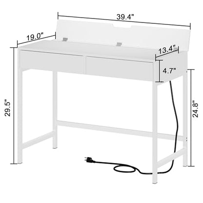 Computer Desk with USB Charging Ports and Power Outlets, Modern Simple 40 inch White Desk with 2 Drawers, Vanity Desk, Makeup Table for Home Office, Bedroom